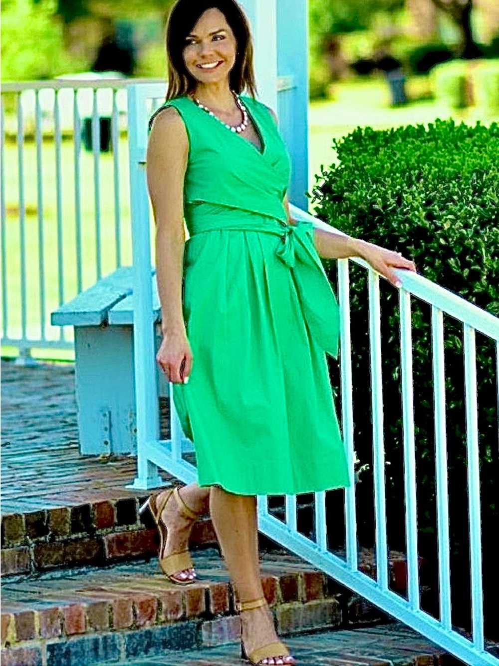 J by J Crew Green Wrap Midi Dress with Waist Bow - Picture 2 of 13